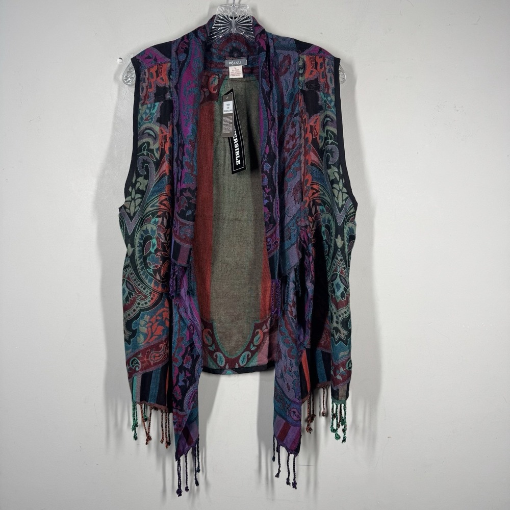 Anu Womens‎ Sz L Viscose Lightweight Mix Print Boho Artsy Vest Fringe Hem NEW
